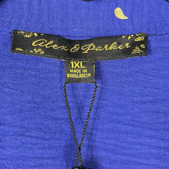 Alex & Parker Women 1X Blue Maxi Midi Dress Gold Print Stretch Button Boho Chic - Picture 3 of 9